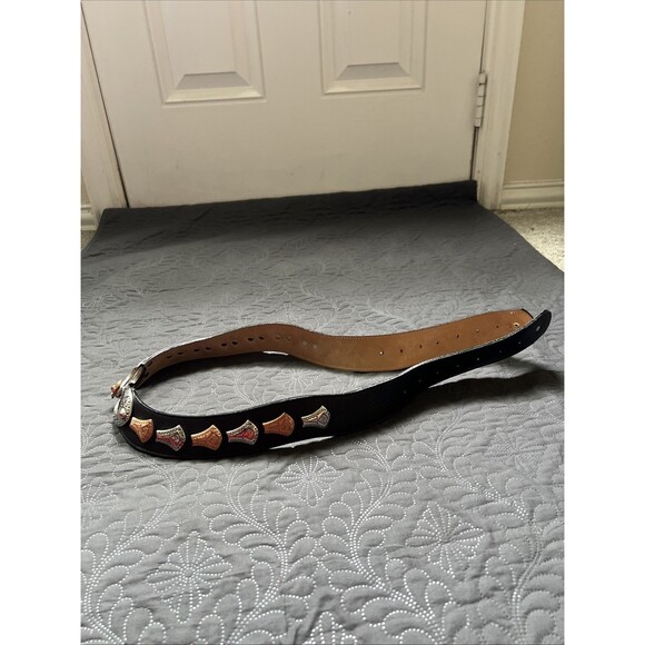 Streets Ahead VTG Silver & Rose Gold Medallion Black Leather Belt SZM/L RARE 42\